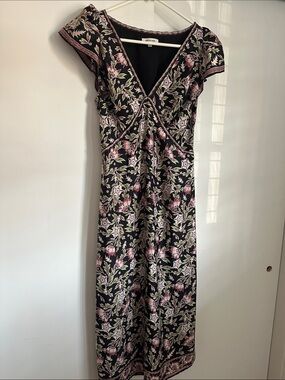 Max Studio Black Midi Dress with Pink and Green Floral Print